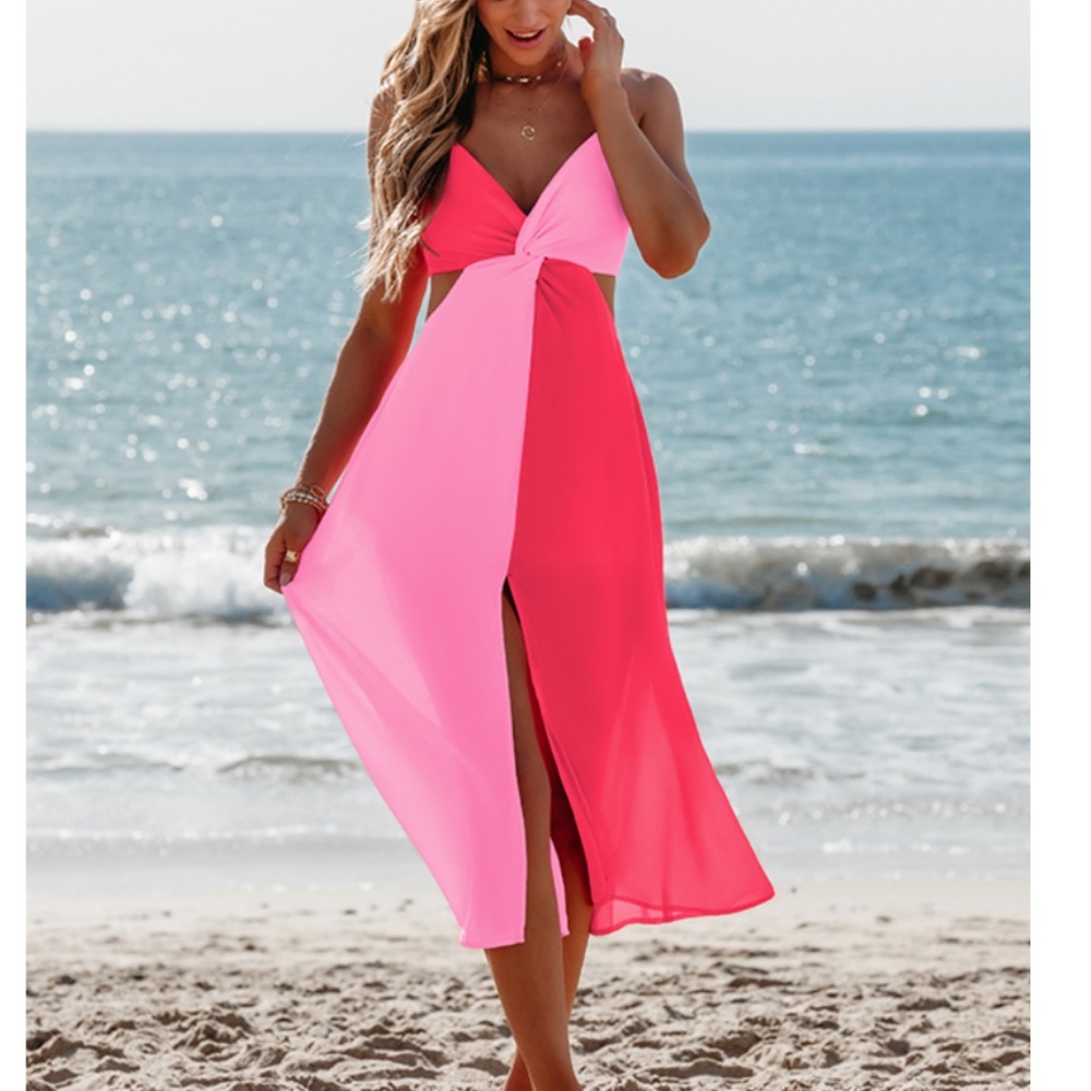 NWT Popvil A-Line Asymmetrical Red Pink Colorblock Dress. Size medium. - Picture 3 of 8